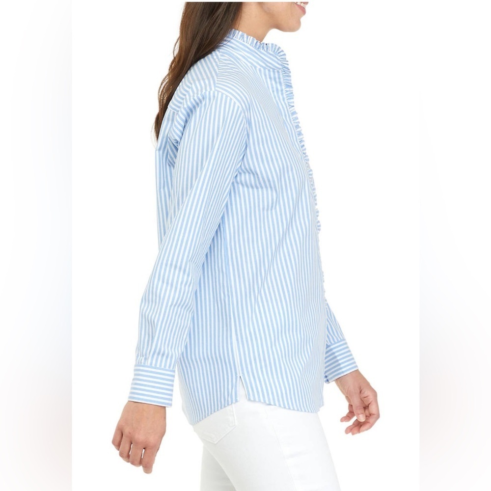 Crown & Ivy Women’s Medium Light Blue Striped Dress Shirt with ruffle detail - Picture 3 of 8